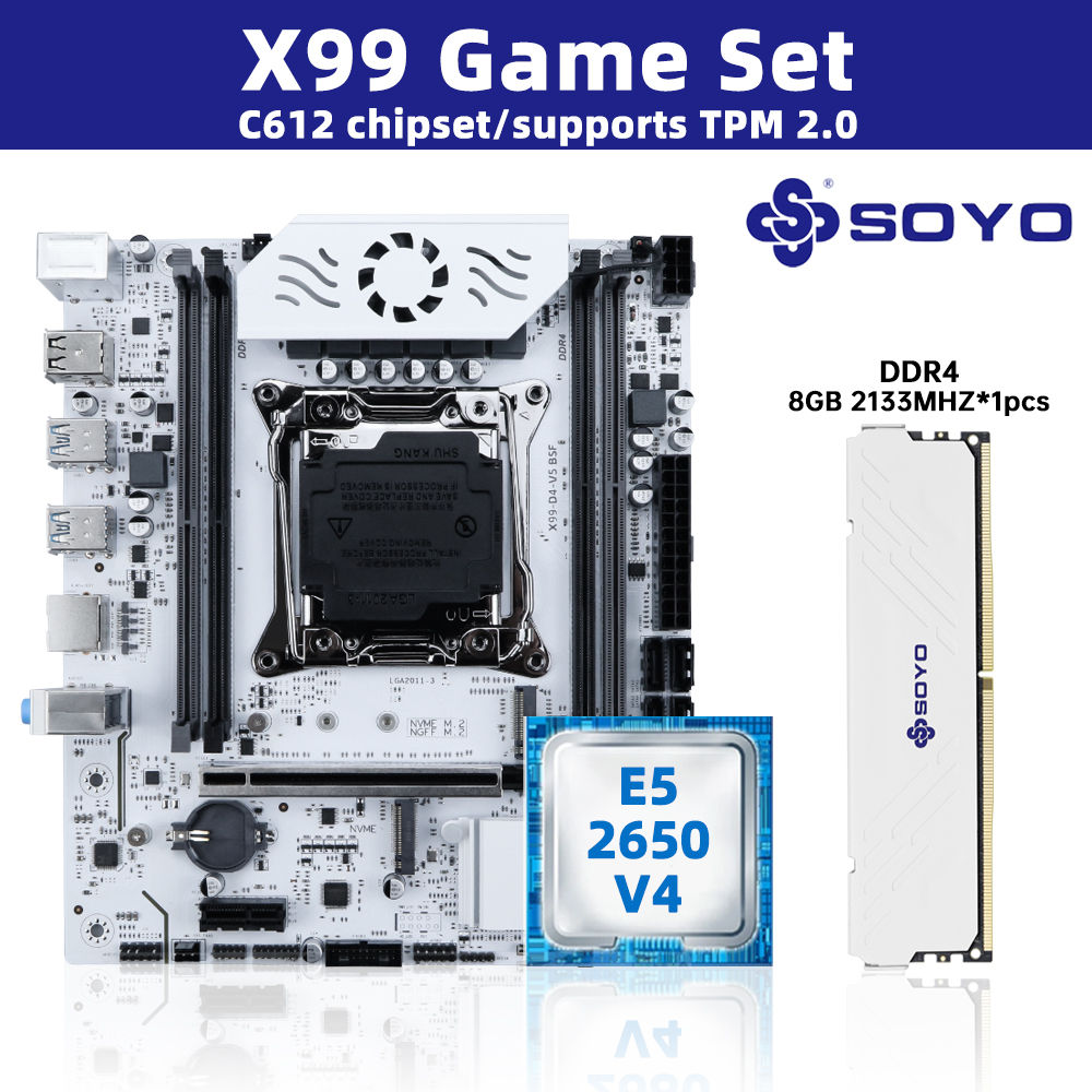 SOYO X99 Game Set Mainboard, E5 2650 V4 CPU und DDR4 RAM.