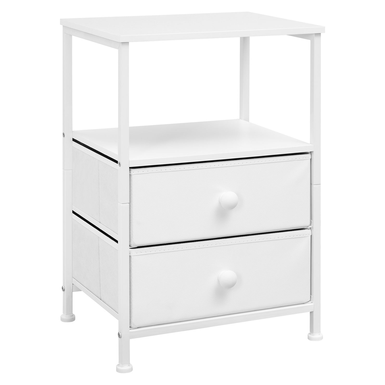 Weißer Nachttisch mit zwei Schubladen und offener Ablage oben.