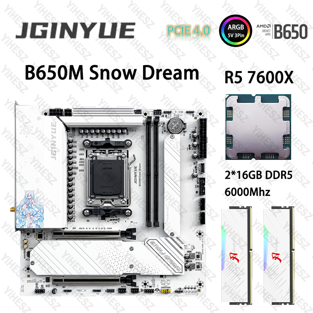 JGINYUE B650M Snow Dream Mainboard, R5 7600X, 32GB DDR5 6000MHz RAM.