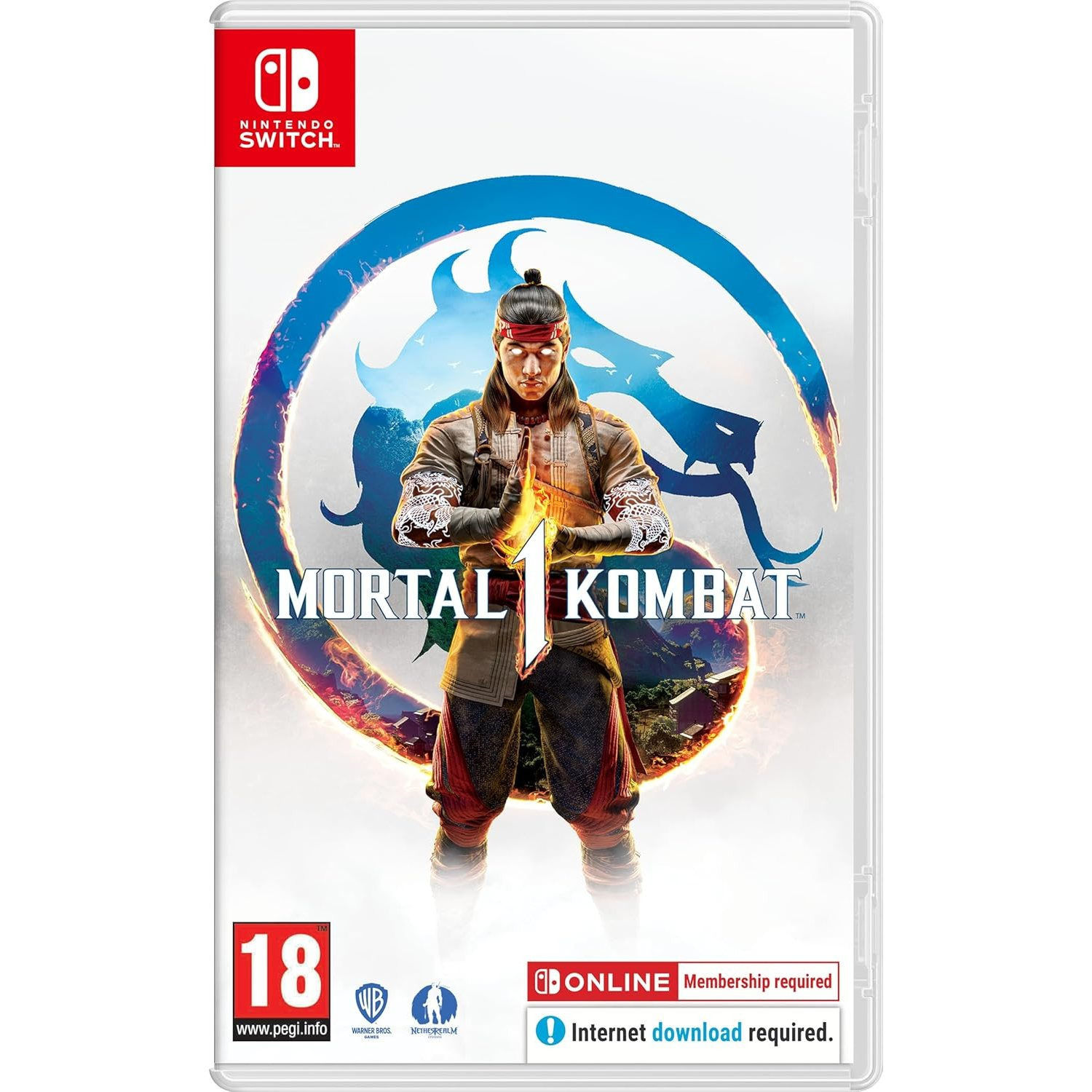 Mortal Kombat 18 Nintendo Switch Spielhülle, Kämpfer vor Drachenlogo.