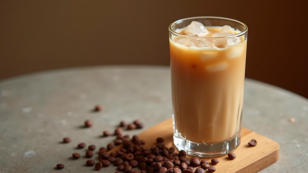 High angle view of a beautifully styled iced coffee drink