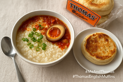 Congee with soy egg accompanied with Thomas English Muffins