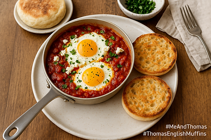 Eggs poached in tomato sauce with Thomas English Muffins