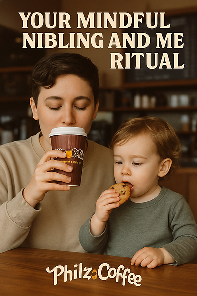 A non-binary person drinking coffee while their nibling eats a pastry