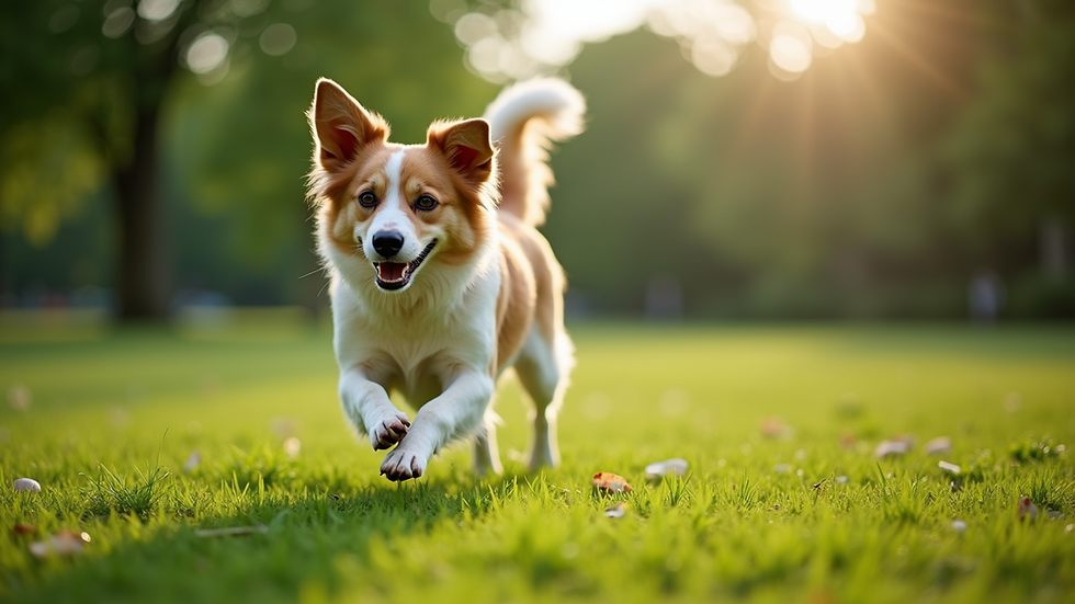 Eye-level view of a dog playing fetch in a green park