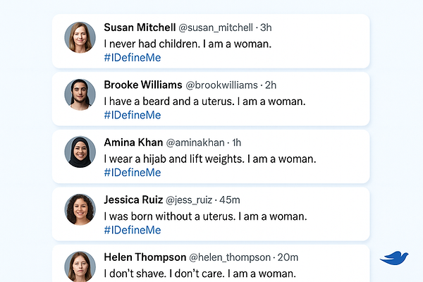 A mock-up of social media posts of people defining what makes them a woman