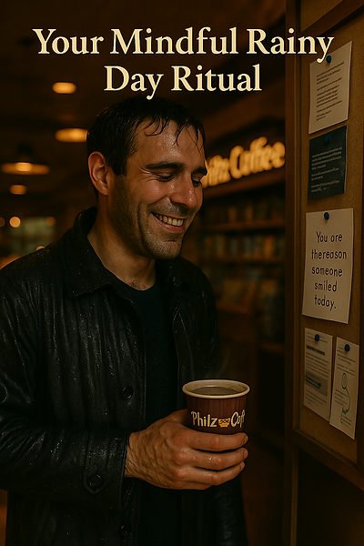 A man damp from the rain smiling at a post on a bulletin board
