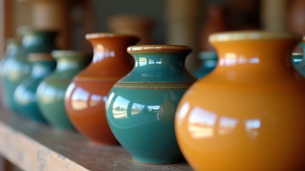 Close-up of colourful glazed pottery pieces on display