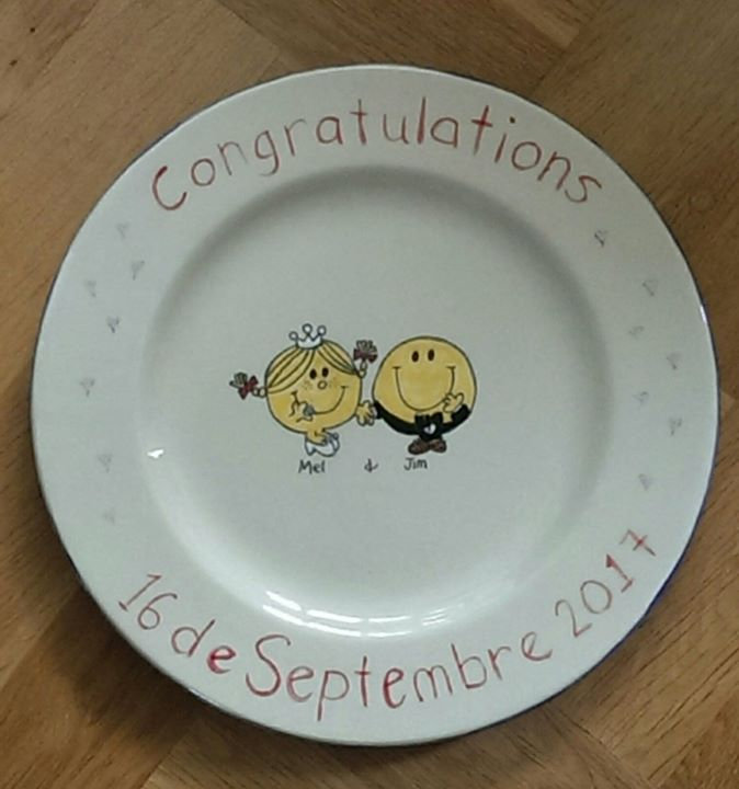 Hand-painted plate made as a wedding gift at Cow Pat Pots
