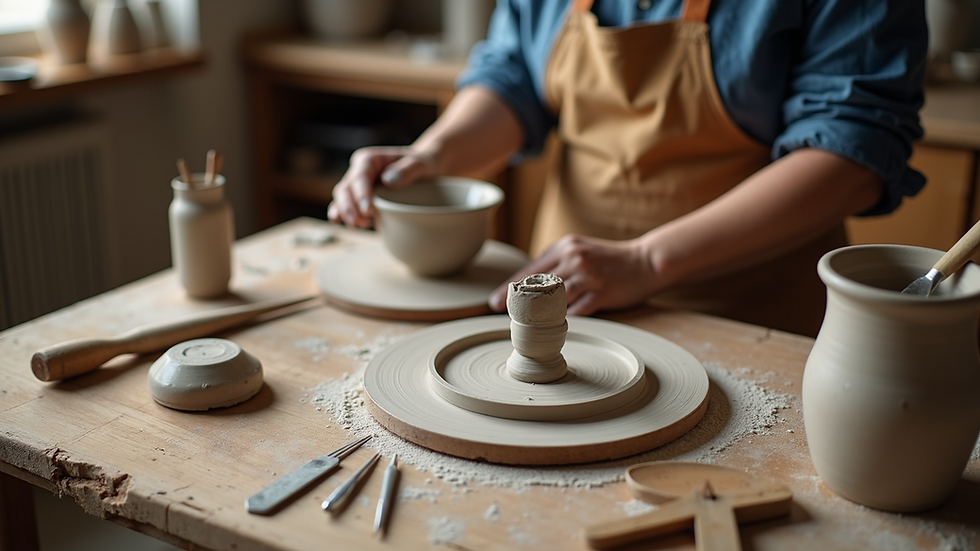 High angle view of pottery tools and clay on a workbench