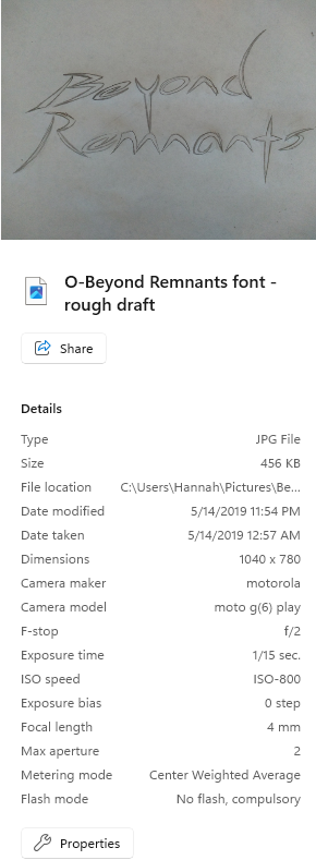 Rough sketch of the words, "Beyond Remnants," and information about the photo underneath.