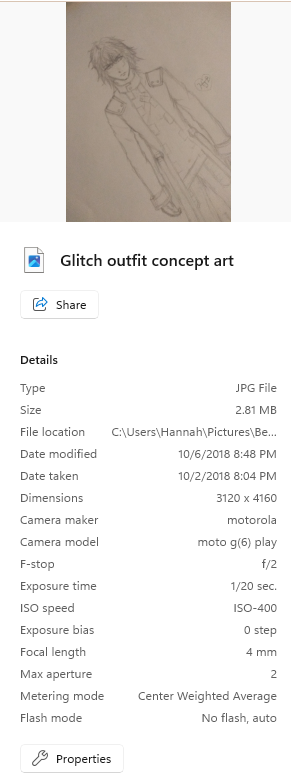 Rough sketch of character Glitch and information about the photo underneath, like year, 2018, file type, size.