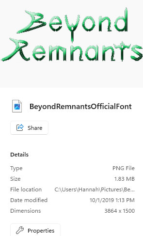 Image of text, "Beyond Remnants," in a green color, with information about the photo underneath.
