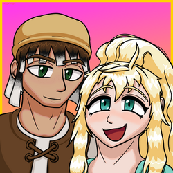 Dusk and Daze (couple artwork, "Sunset," with young man, Dusk, and young blonde woman, Daze, happy t