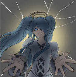 Jael (artwork of woman extending her arms out, grayish blue hair covering half of her face)