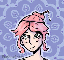 Rose (cute woman, cartoon artwork, pink hair, purple background)