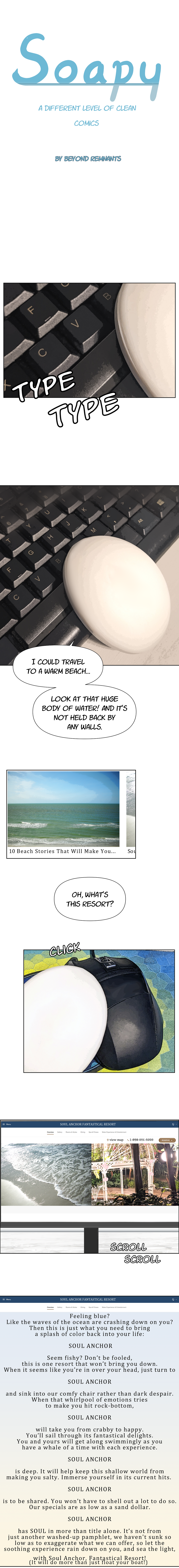Comic titled Soapy: A bar of soap types on a keyboard, dreams of the ocean, browsing resorts. Text reads SCROLL, TYPE, and CLICK. Calm mood.