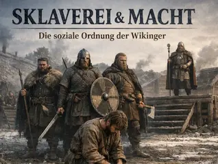 Darstellung von höherrangigen Wikingern die vor einem knieenden Sklaven stehen