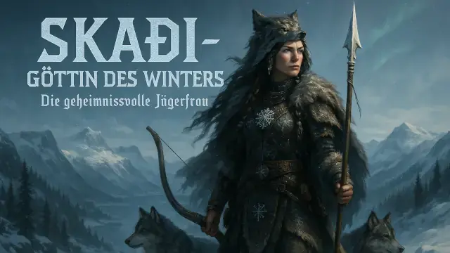 Illustrierung der Halbgöttin Skadi mit Speer, Bogen und zwei Wölfen in verschneiten Bergen heroisch stehend