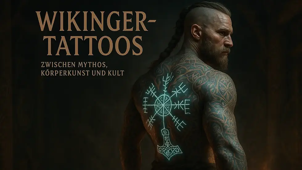 Ein Wikinger mit leuchtendem Mjölnir Tattoo auf dem Rücken