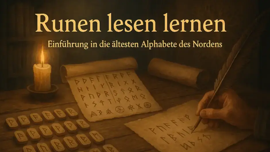 Historische Darstellung des Runenlesens mit alten Schriftrollen, Runentafeln und einer schreibenden Hand – Einführung in die Runenalphabet-Systeme der Wikingerzeit
