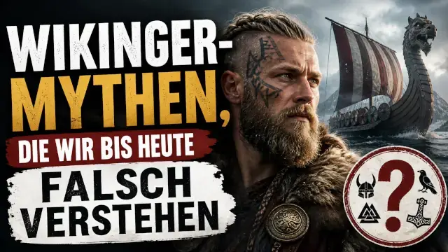 Ein Wikinger mit Tattoos im Profil, vor einem Drachenboot auf stürmischem Meer. Text: Wikinger-Mythen, die wir bis heute falsch verstehen.