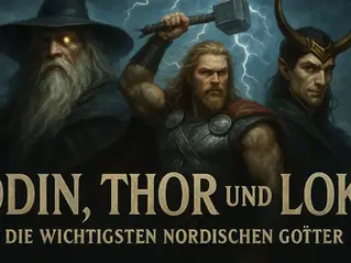 Illustration der nordischen Götter Odin, Thor und Loki: Odin mit grauem Bart und Kapuze, Thor mit Mjölnir und muskulösem Auftreten, Loki mit Hörnerhelm – Darstellung aus der nordischen Mythologie mit Blitz im Hintergrund und dem Titel ‚Odin, Thor und Loki – Die wichtigsten nordischen Götter‘.