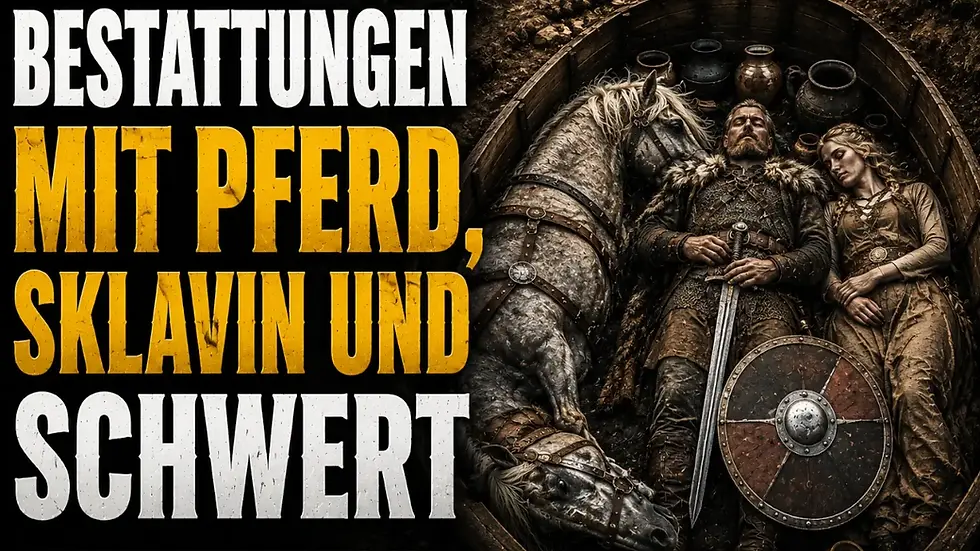 Große deutsche Titelgrafik: bestatteter Krieger mit Pferd und Frau in einer Grube, Schwert und Schild; düstere Stimmung.