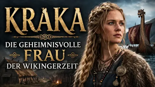 Frau in Wikingerkleidung, mit geflochtenem Haar, blickt nachdenklich zur Seite. Im Hintergrund ein Wikingerschiff. Text: Kraka, die geheimnisvolle Frau der Wikingerzeit.