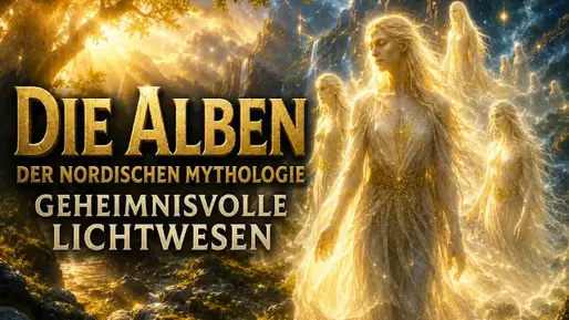 Goldene Lichtelfen im Wald, mit Text Die Alben der nordischen Mythologie: geheimnisvolle Lichtwesen.