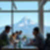 Mountain in the background of an office environment with people collaborating on a project
