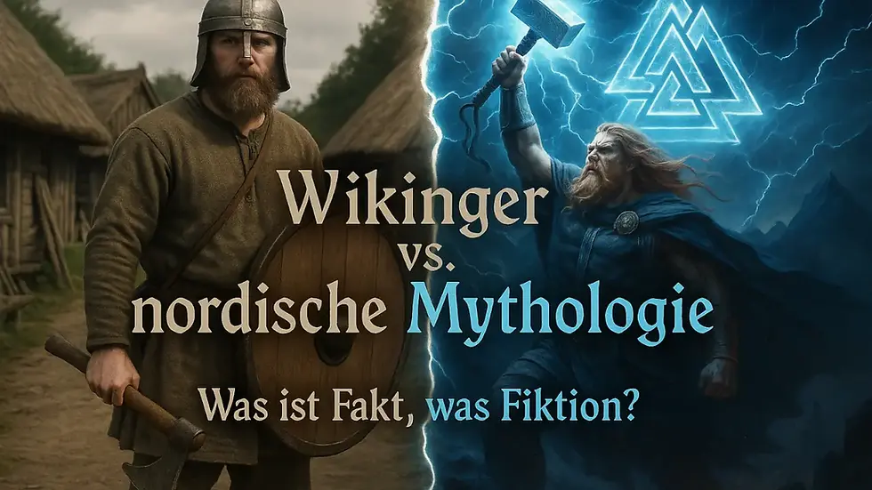 Gegenüberstellung eines historischen Wikingers mit Axt und Schild und des mythologischen Gottes Thor mit Mjölnir vor Blitzhimmel – visuelle Darstellung der Unterschiede zwischen realer Wikinger-Geschichte und nordischer Mythologie. Text: ‚Wikinger vs. nordische Mythologie – Was ist Fakt, was Fiktion?'