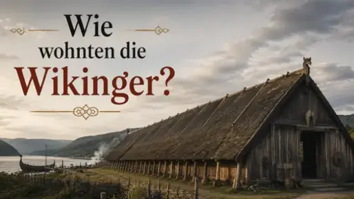 Viking-Halle am Fjord mit Langschiff; Titel: Wie wohnten die Wikinger?