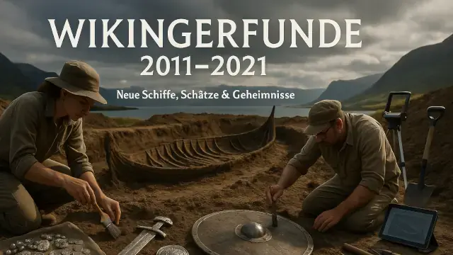 Moderne Darstellung einer Wikingerausgrabung mit einem altem Floß, Schwertern und Schilden