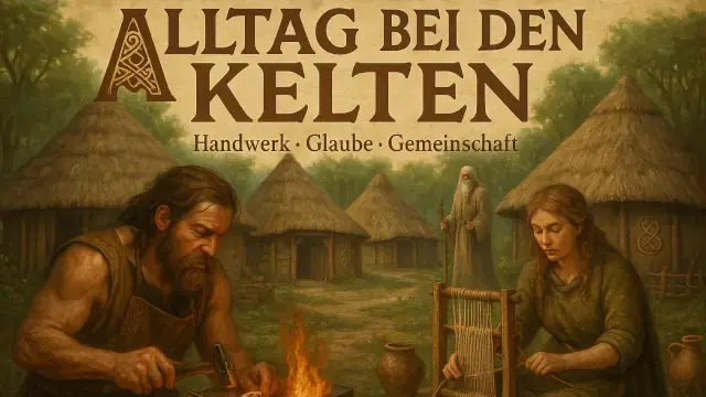 Visualisierung eines keltischen Dorfes mit Schmied, Weberin und einem Druiden
