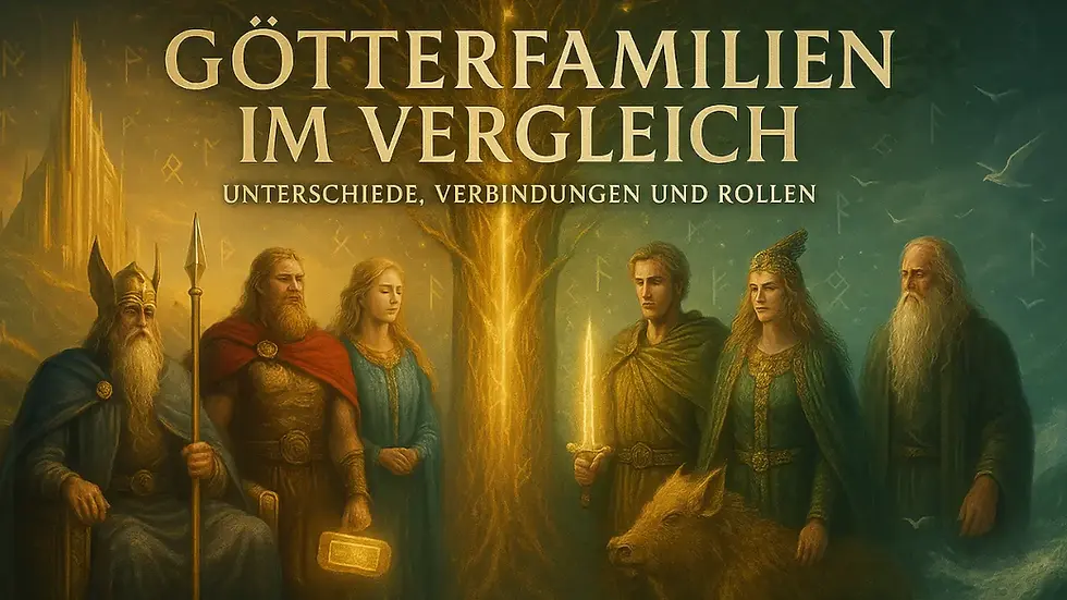Gegenüberstellung der Götterfamilien rechts Odin, Thor und Frigg - links Njörd und Freyja