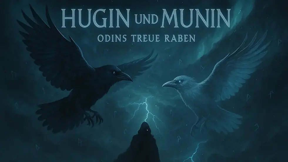 Dunkles Fantasy-Porträt eines mystischen, einäugigen Gottes mit Kapuze – flankiert von zwei Raben, Hugin und Munin, vor einem Hintergrund mit leuchtenden Runen. Symbol für nordische Mythologie, Odin und Runenwissen.