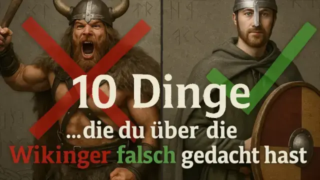 Starker Wikinger mit Hörnerhelm vor dramatischer Landschaft – Titeltext: '10 falsche Mythen über die Wikinger' – Aufklärung über verbreitete Irrtümer zur nordischen Geschichte.