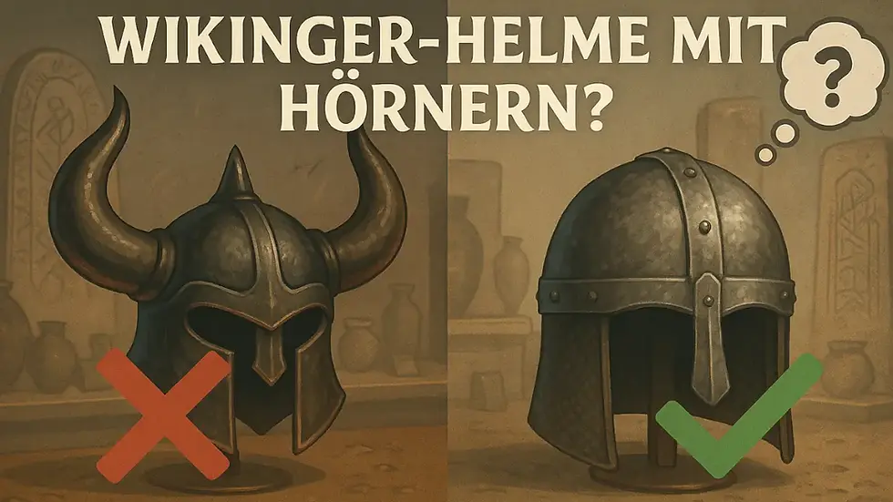 Historisch ungenauer Wikingerhelm mit Hörnern vor Schlachtfeld-Kulisse – Illustration zur Aufklärung des Mythos um gehörnte Wikingerhelme im Mittelalter.