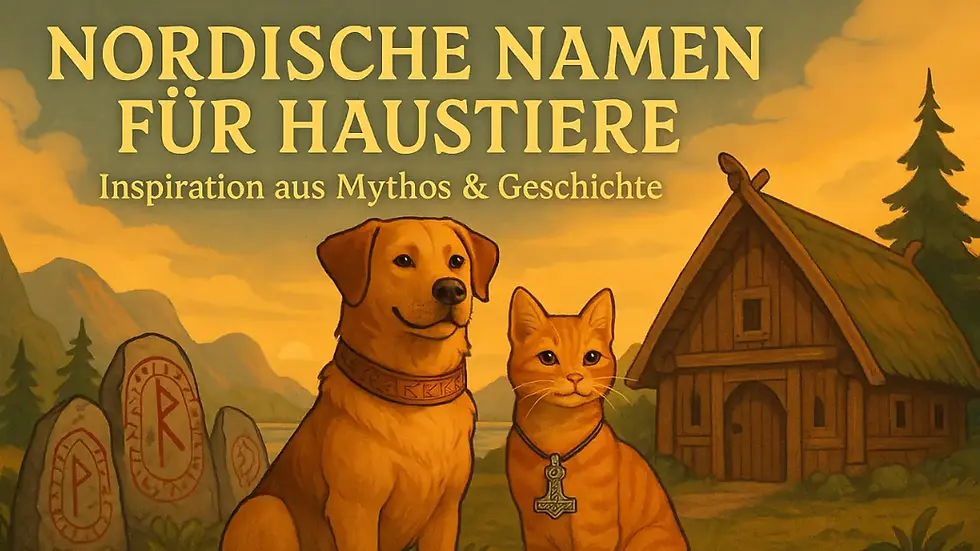 Illustration von einem Hund und einer Katze in einem Wikingerdorf sitzend