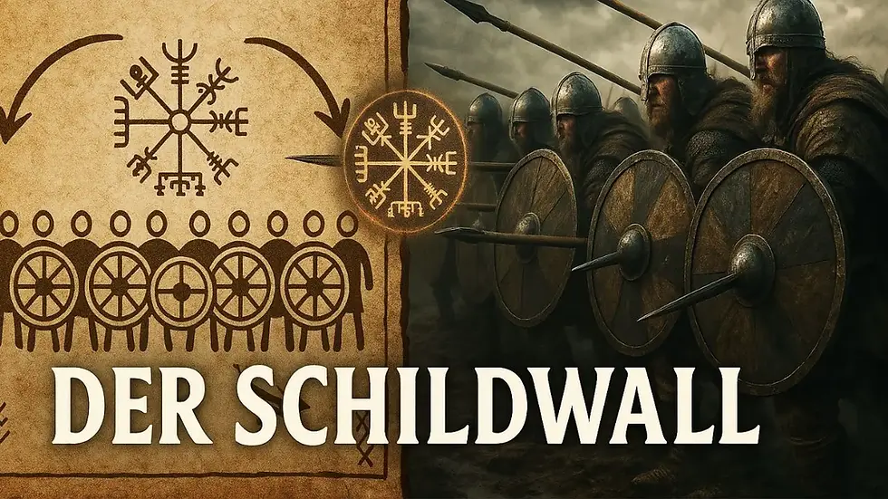 Wikinger im Schildwall mit Rundschilden und Speeren – historische Darstellung der nordischen Kampfformation mit Vegvisir-Symbol und schematischer Illustration
