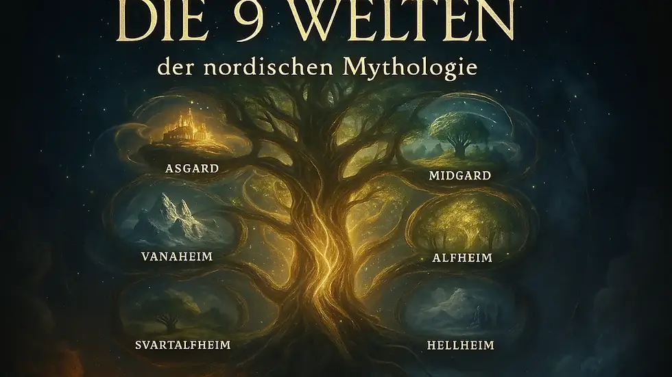 Darstellung von Yggdrasil mit seinen 9 Welten drumherum