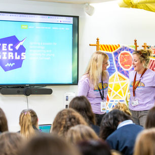 TECgirls STEM workshop at the Eden Project with female mentors leading a session for secondary school girls in Cornwall, promoting girls in tech, data science, and environmental innovation.