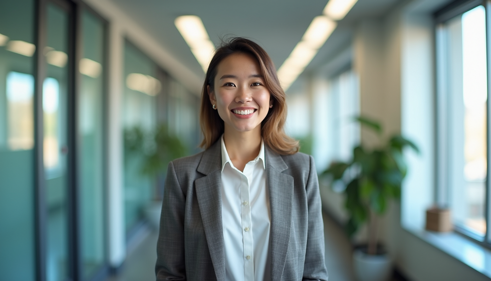 Asian woman smiling wearing a white button-up and a grey blazer in a professional office