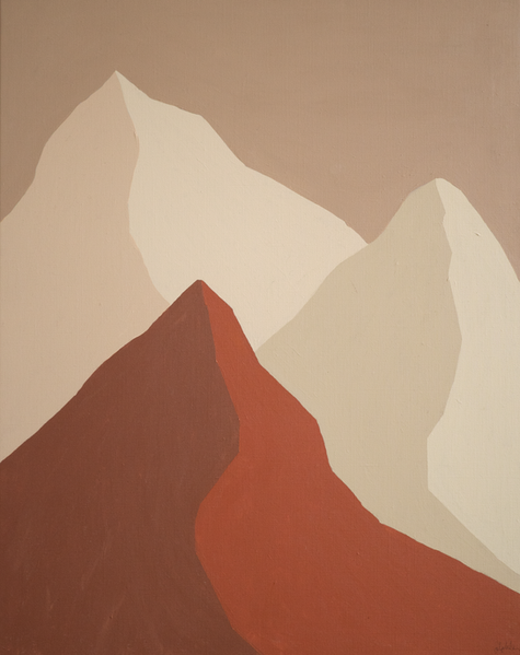 Abstrakt tolkade bergstoppar i jordnära och varma nyanser av rött, beiget och vit. Originalverket är målat i akryl på duk och motivet är inspirerat av Isländsk natur.
"För mig är berg en stor del av barndomen och uppväxten i en fjord på norra Island. De påminner mig om harmoni, trygghet och att älska det enkla i livet. Att få måla berg håller mig ett steg närmre den känslan."