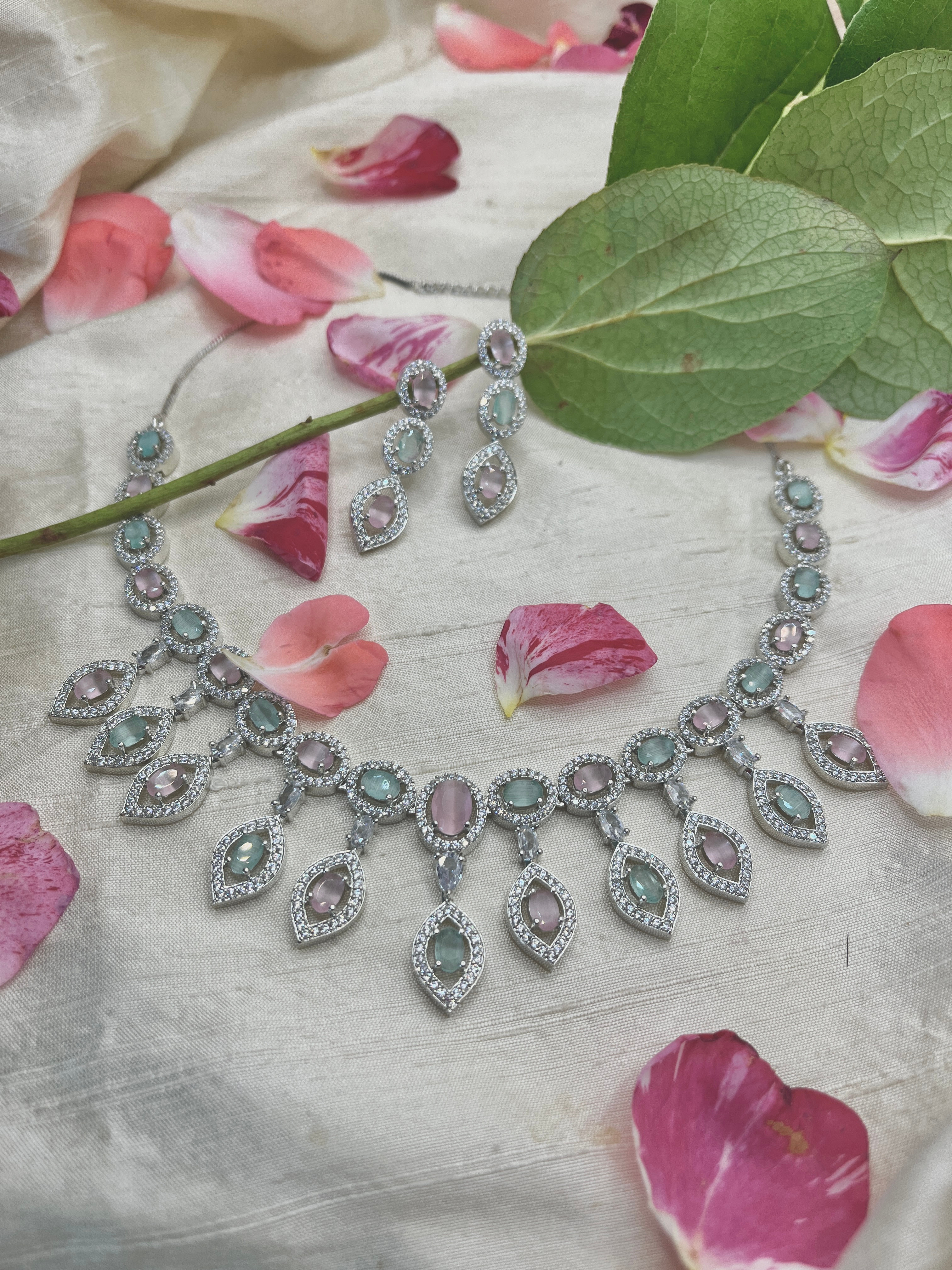 Pastel Pink and Green Jewelry Set with Necklace