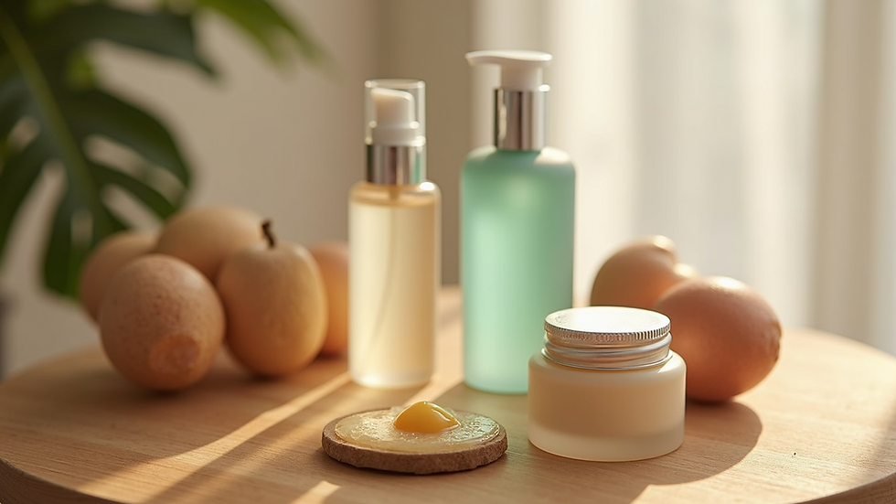 High angle view of skincare products arranged on a wooden surface