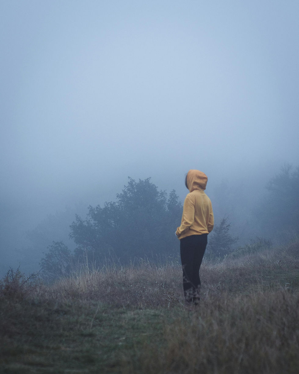 Person standing alone in a foggy field, facing an uncertain and unclear path ahead
