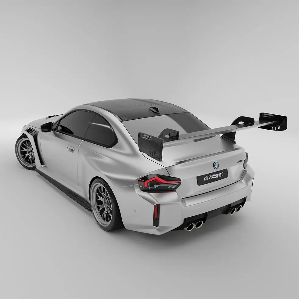 BMW M2 G87 with installed carbon fiber race rear wing from rear angle view.