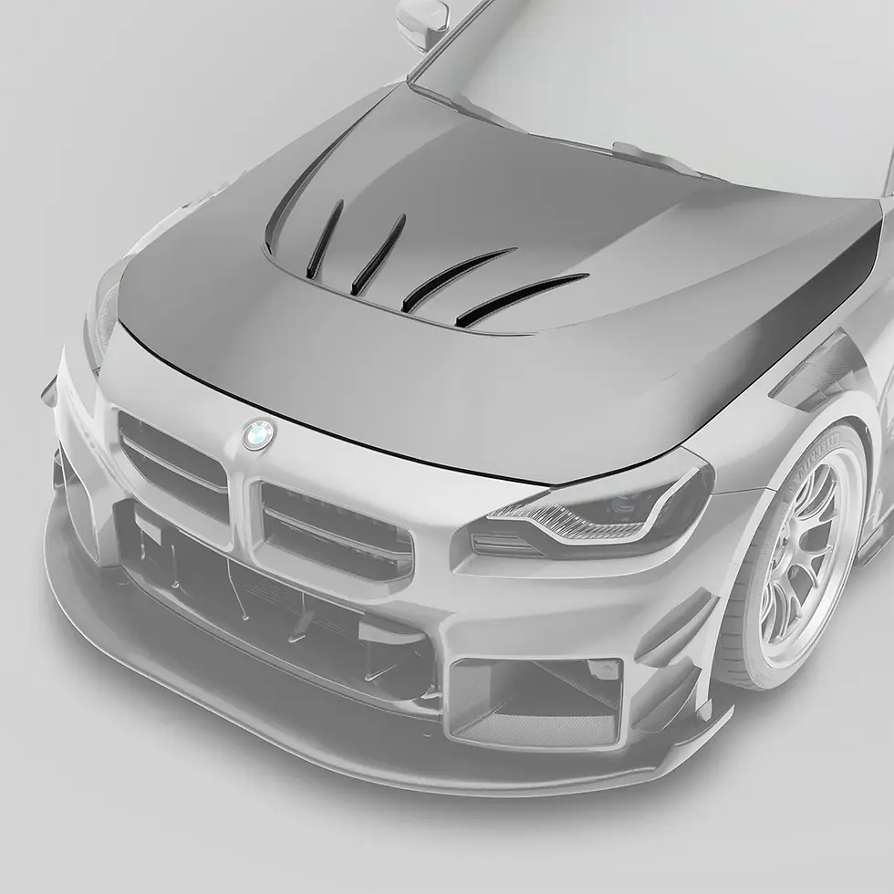 Angled top-down view highlighting carbon fiber strakes and hood vents